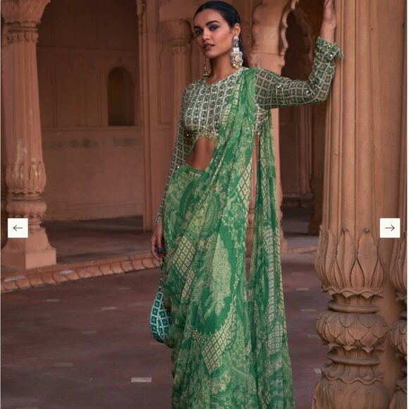 DiyaRajvvir Green Pre-Draped Saree, XS - Picture 2 of 11